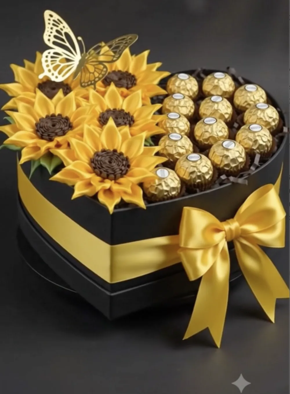 Heart-shaped keepsake box with satin sunflowers and Ferrero Rocher chocolates